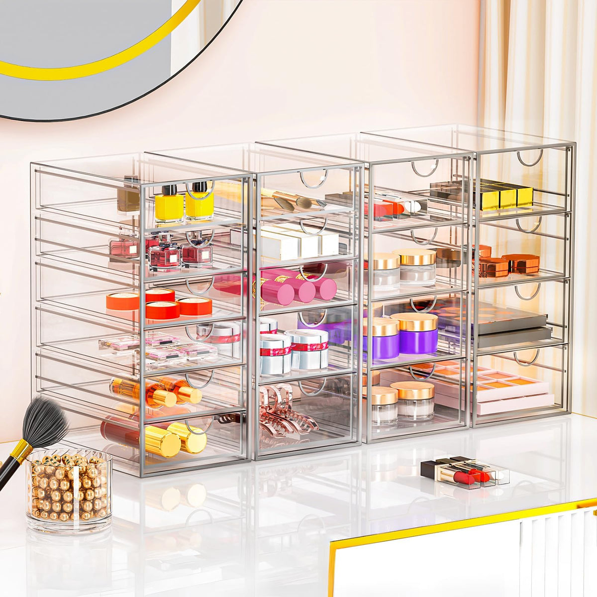YFXCVSL styled on bathroom vanity demonstrating tidy cosmetics display and easy reach