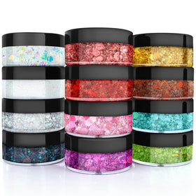 YGQQOY front packaging showing 12 colorful glitter gel pots and label, vivid appeal