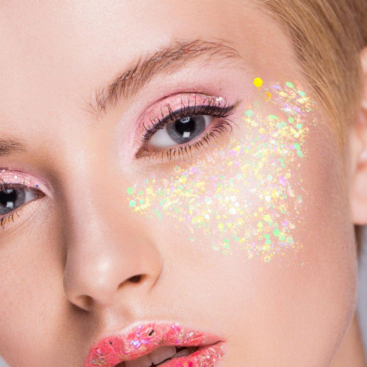 YGQQOY glitter along hairline illustrating easy-to-rinse shine and stage-ready effect