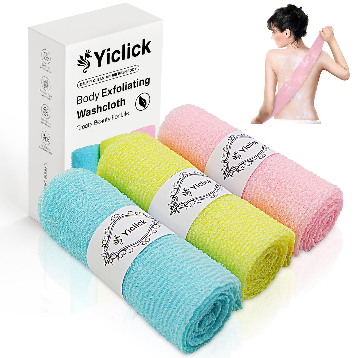 Yiclick front packaging showing the 3pcs set, clear benefit of replacement loofah