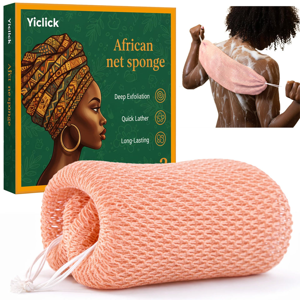 Yiclick front view of African net sponge showing packaging and product benefit