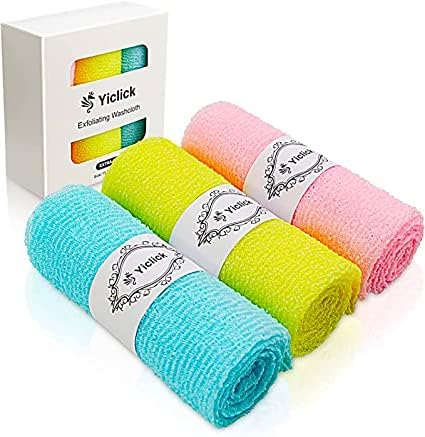 Yiclick front view of three exfoliating washcloths, shows set and convenience