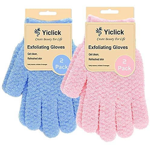 Yiclick front packaging showing four exfoliating gloves and benefits