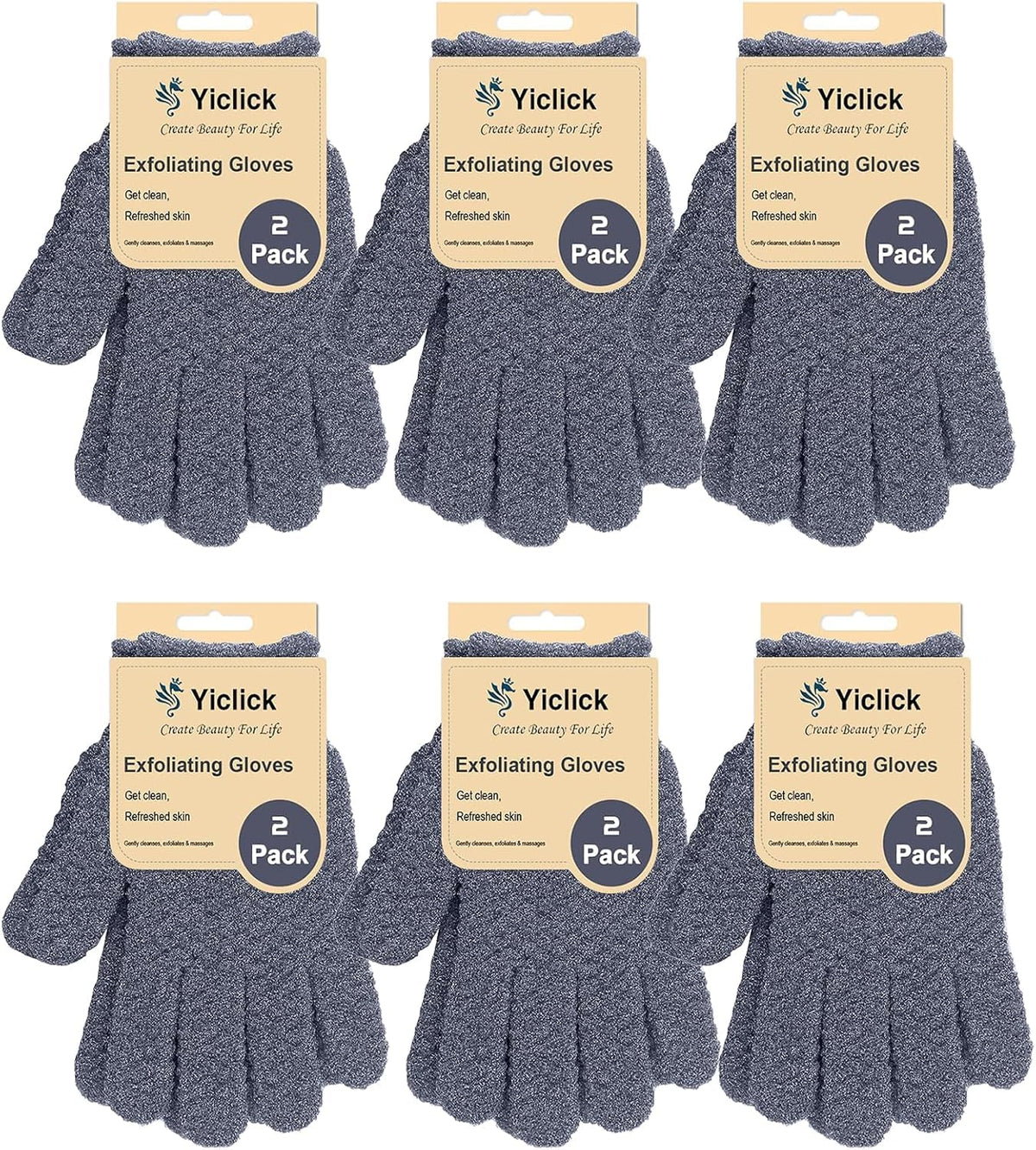 Yiclick front packaging showing 12 exfoliating gloves and benefits