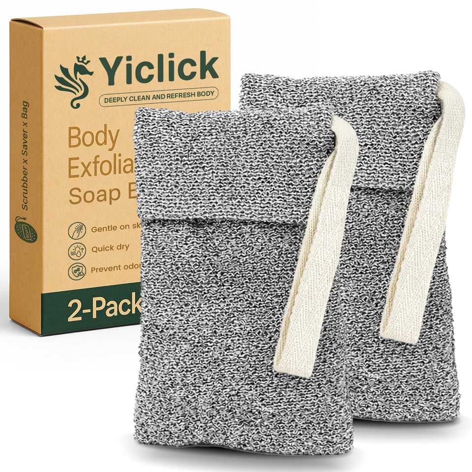 Yiclick front view of two soap bag pack showing contents and branding for easy identification