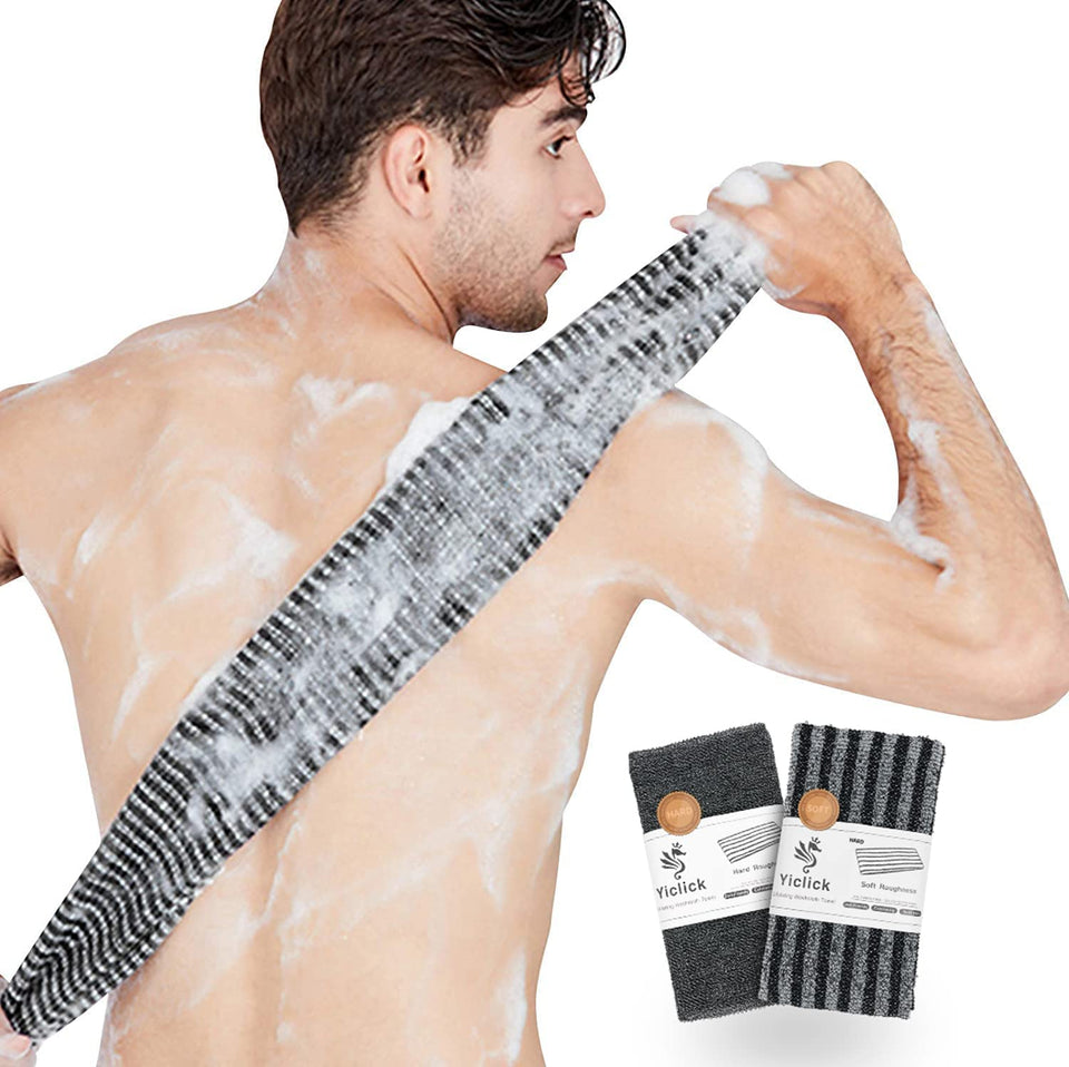 Yiclick front packaging showing black exfoliating towel and two-pack convenience