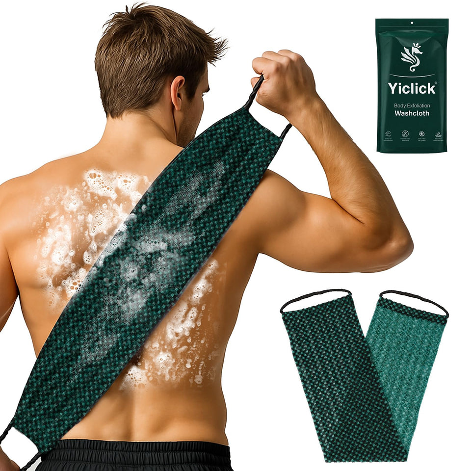 Yiclick front view of washcloth packaging showing dual textures and benefits