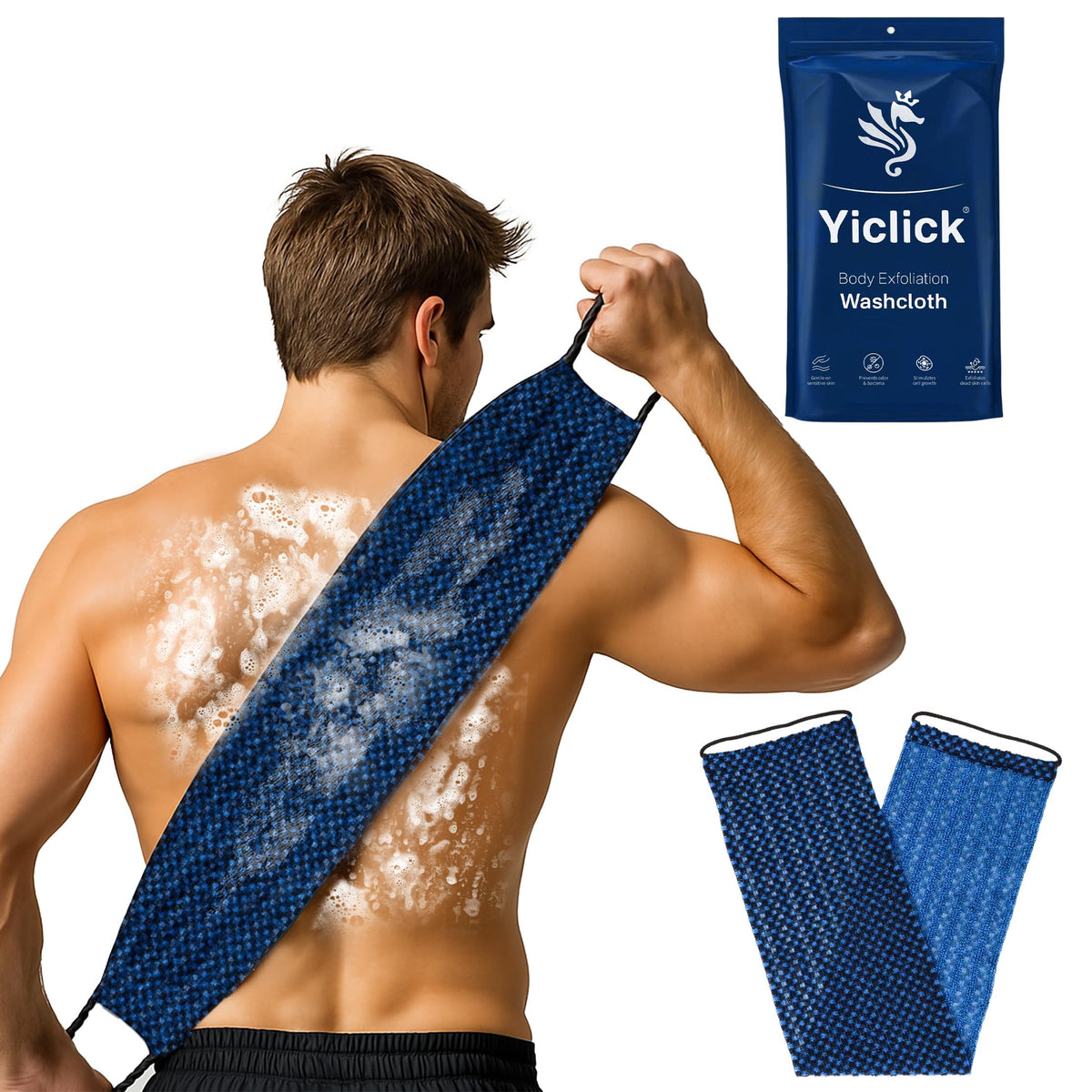Yiclick front view showing towel packaging and clear features benefit