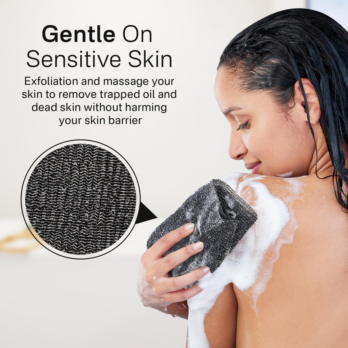 Yiclick washcloth in shower with soap lather showing effective cleansing