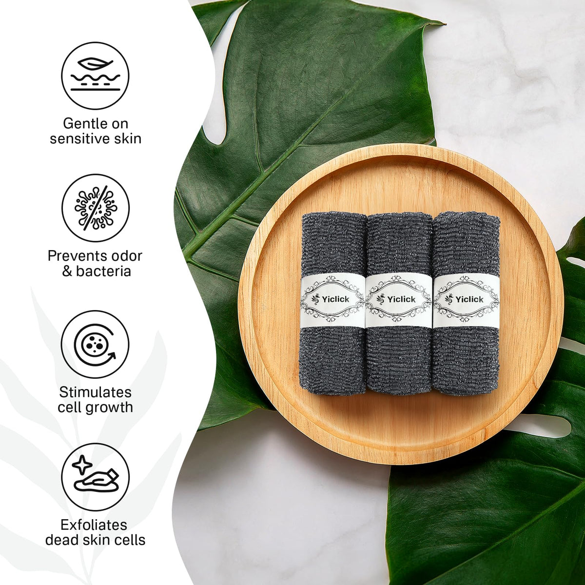 Yiclick towels styled in bathroom for spa-like exfoliation routine
