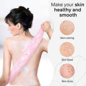 Yiclick long back scrub towel stretched, highlights full-back reach benefit