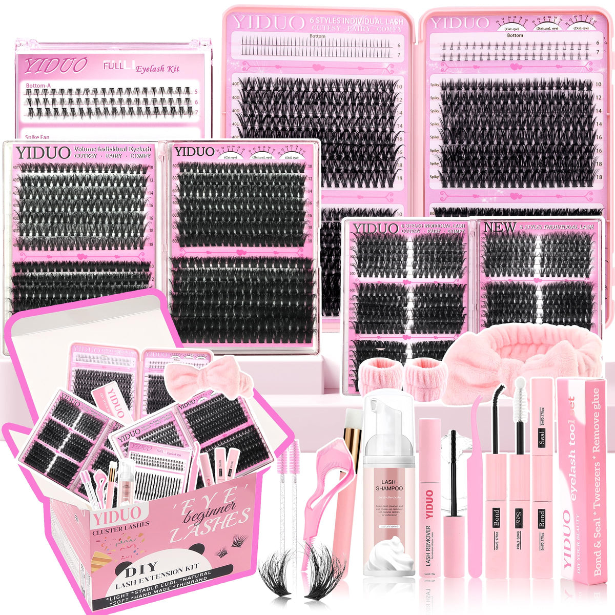 YIDUO front-packaging showing full cluster lash kit and included contents