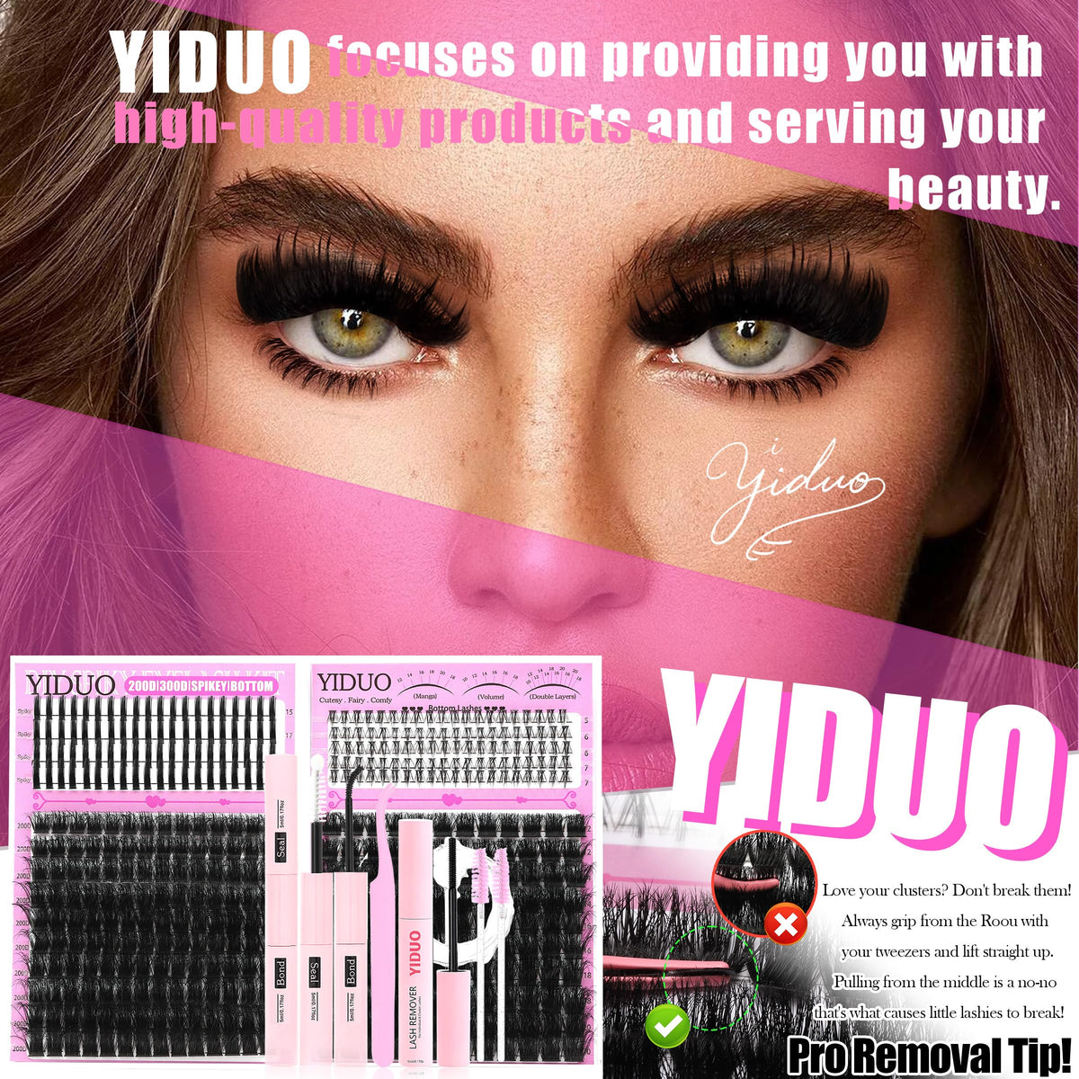 YIDUO finished makeup look with lashes adding bold eye framing