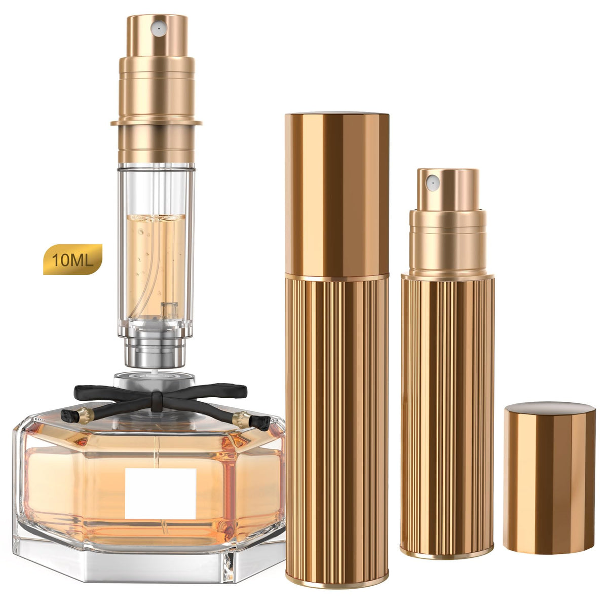 YIERSO gold atomizer front view showing sleek travel-ready design and portability