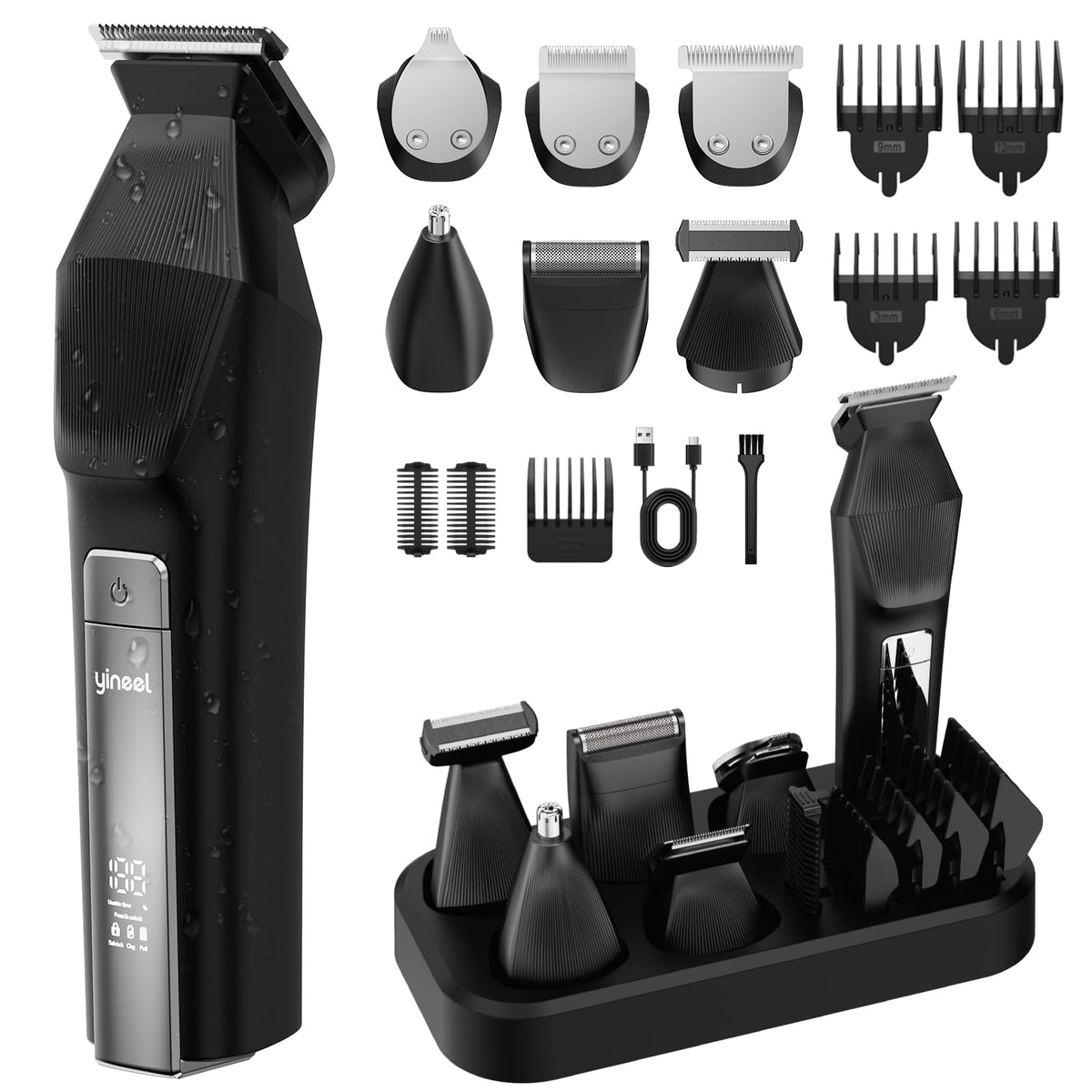 Yineel HC600 front view showing full grooming kit and base, highlights versatility