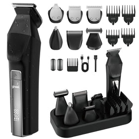 Yineel HC600 front view showing full grooming kit and base, highlights versatility