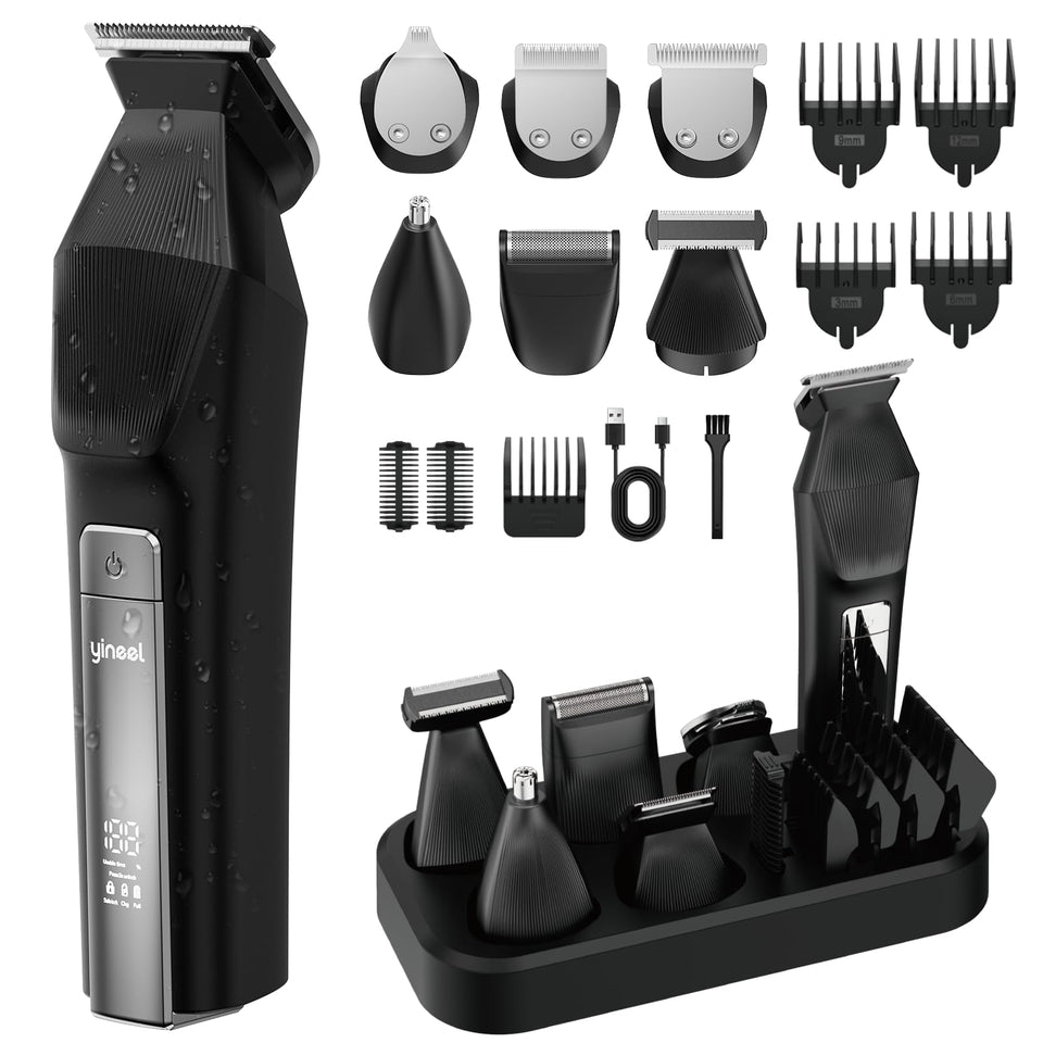 Yineel HC600 front view showing full grooming kit and base, highlights versatility