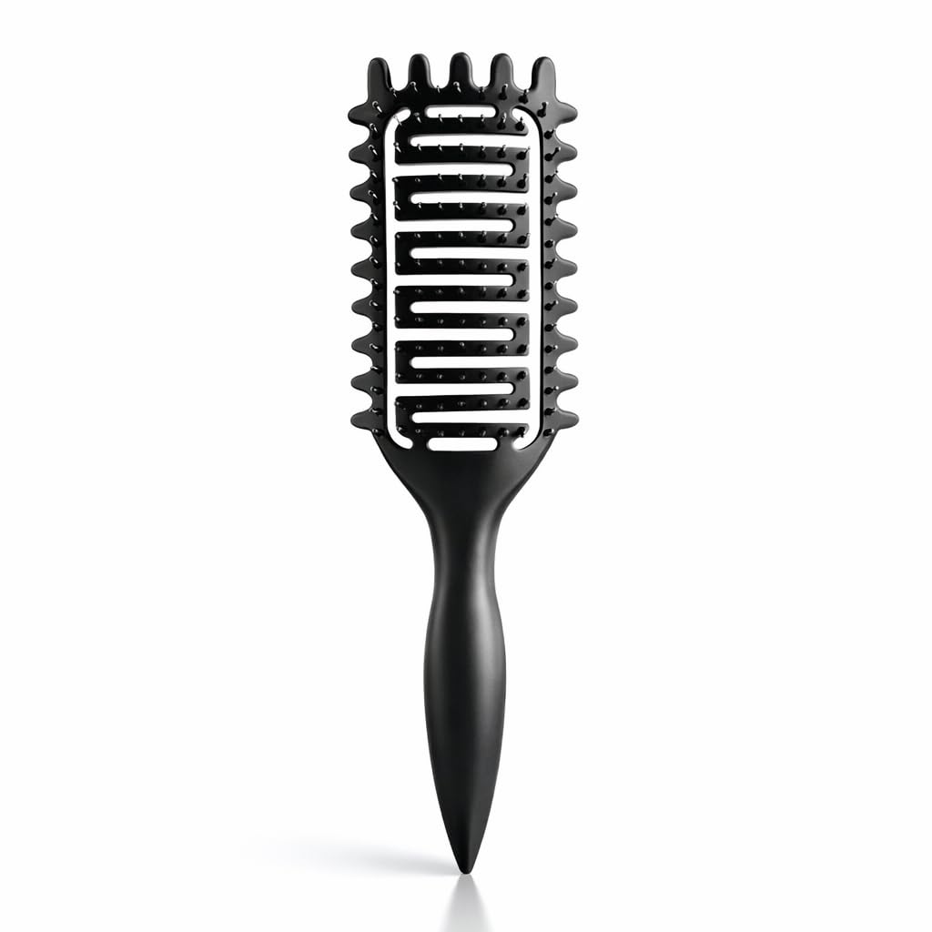 Yingbtr front view of black curl defining brush showing ergonomic curve and vents