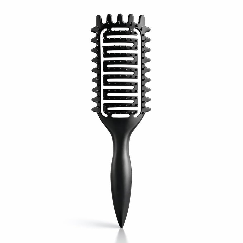 Yingbtr front view of black curl defining brush showing ergonomic curve and vents