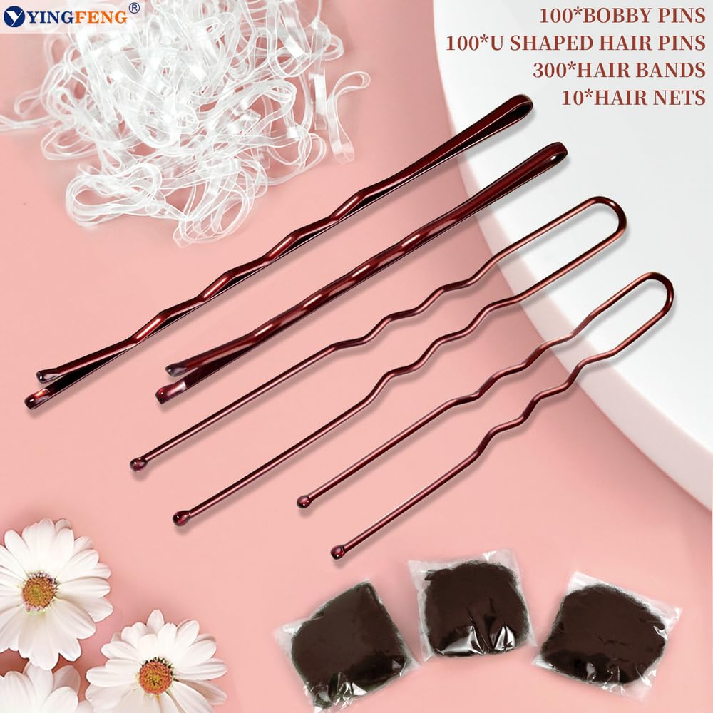 YINGFENG contents laid out showing pins, clips, bands and nets for styling variety