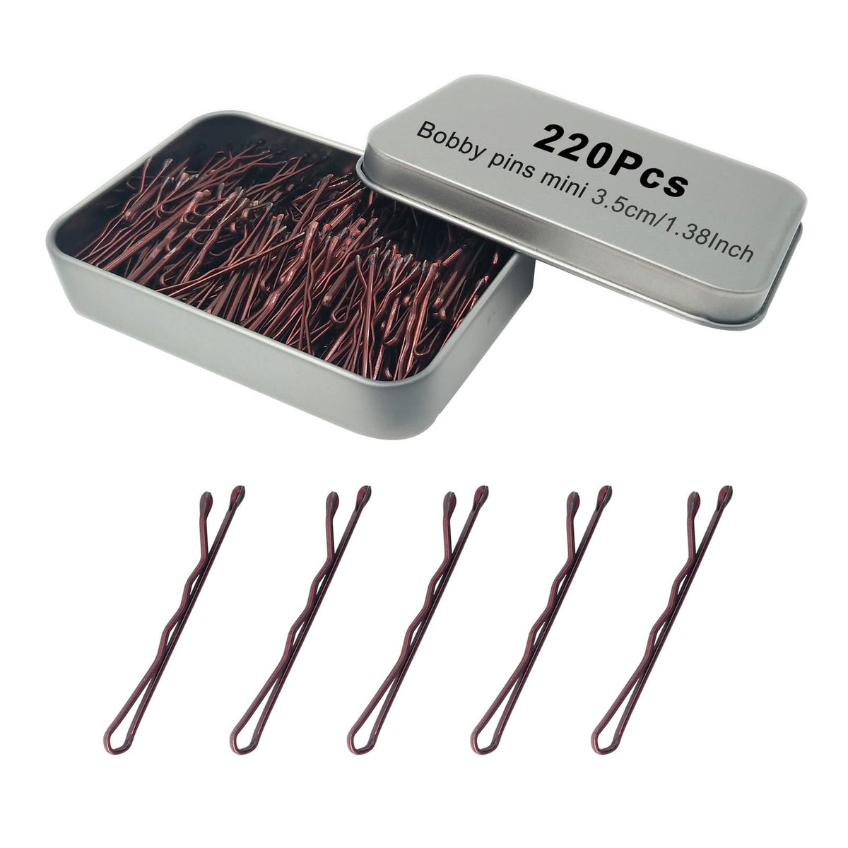 YINGFENG front packaging showing 220 brown bobby pins and metal case for convenience