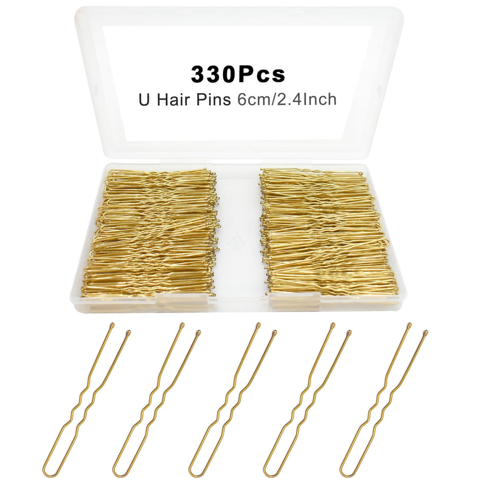 YINGFENG front packaging showing 330 gold u-shaped hairpins and storage box for organized use