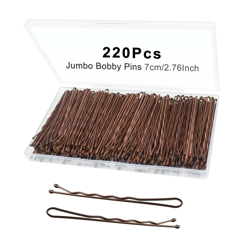 YINGFENG front packaging showing clear box and 220 jumbo brown bobby pins, easy storage