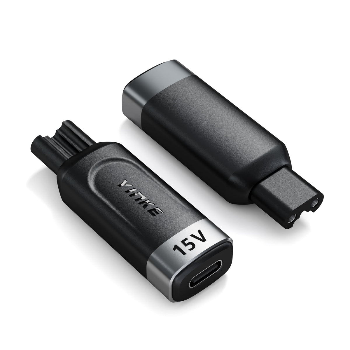 Yinke adapter front view showing compact shape and durable finish for travel convenience