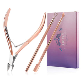 YINYIN cuticle set front packaging shows rose gold tools and storage box for neat nails