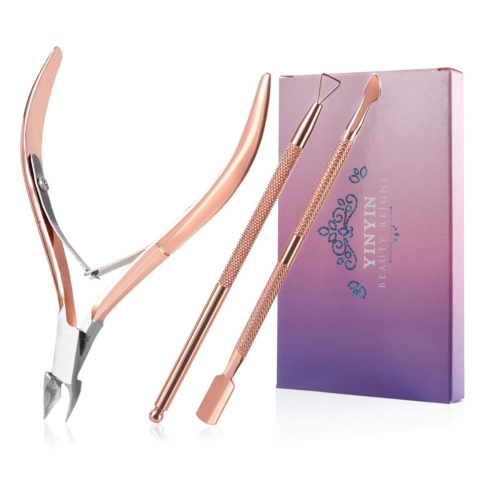 YINYIN cuticle set front packaging shows rose gold tools and storage box for neat nails