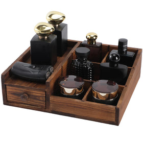 YIOJOYD front view of wooden cologne organizer showing neat bottle display and easy access
