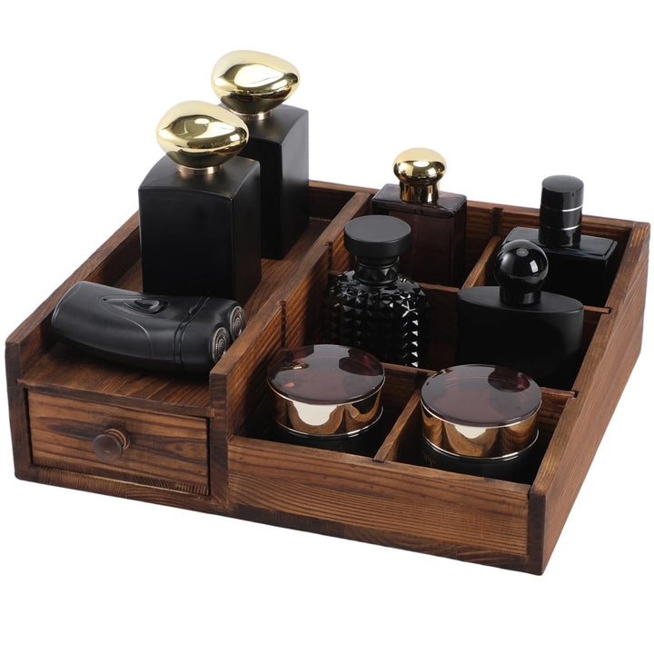 YIOJOYD front view of wooden cologne organizer showing neat bottle display and easy access