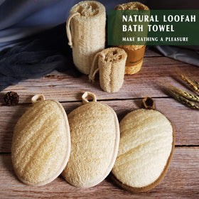 YIQINGJIE loofah set staged in bathroom setting showing eco-friendly daily routine