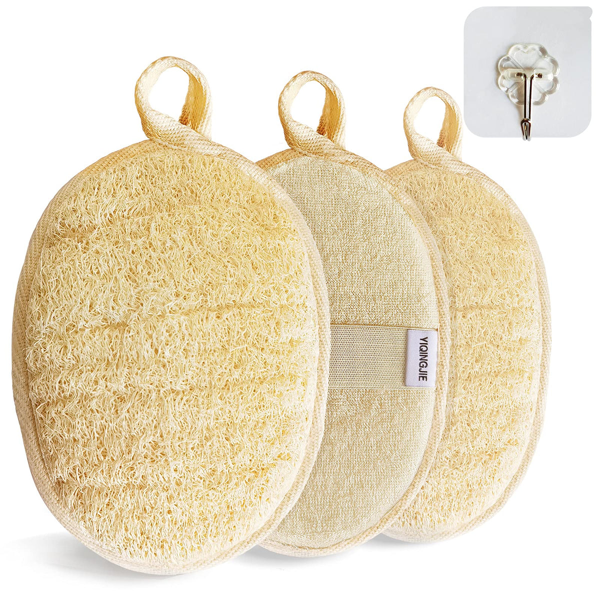 YIQINGJIE front packaging showing three beige loofah pads and hook, eco-friendly benefit