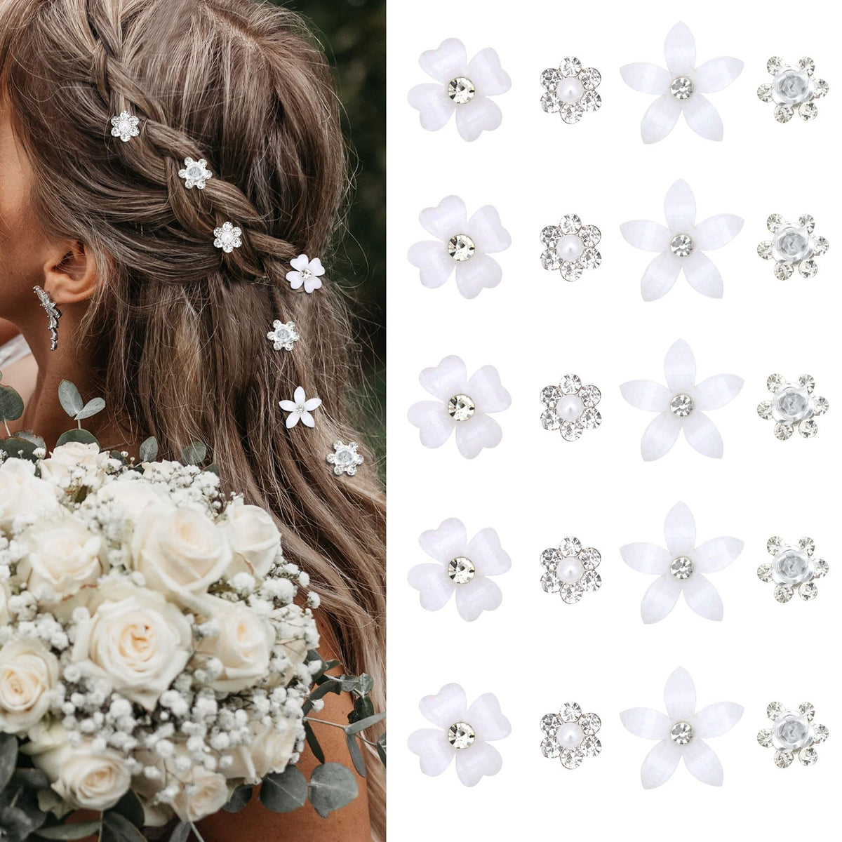 YISSION front view of 20 white floral hair clips showing organized set and elegant look