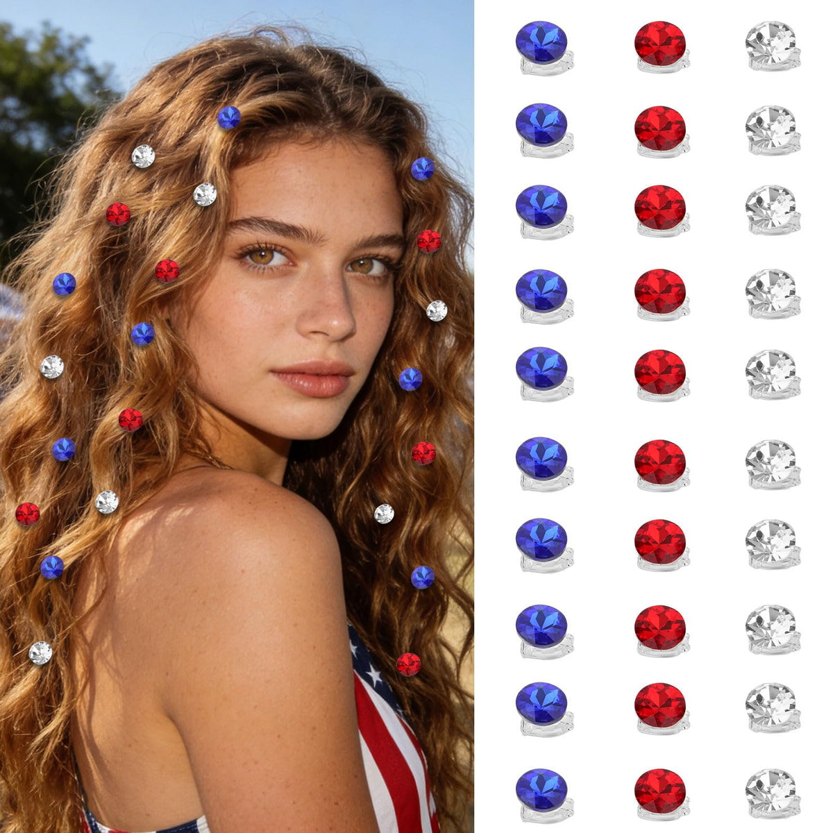 YISSION front packaging showing 30 patriotic rhinestone clips and value pack