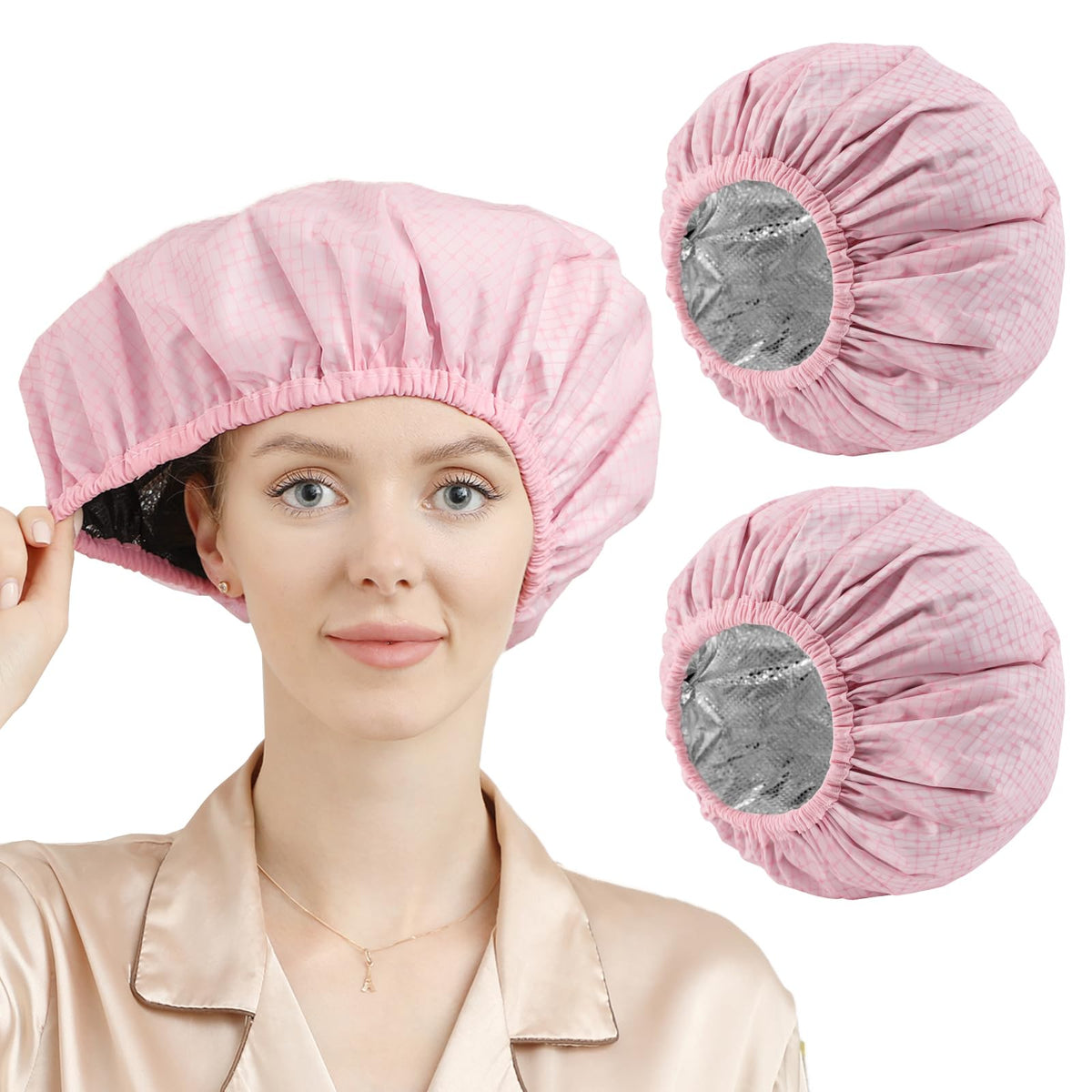 YIZIJIZI front view pink heat cap showing fit and shape, improves treatment coverage