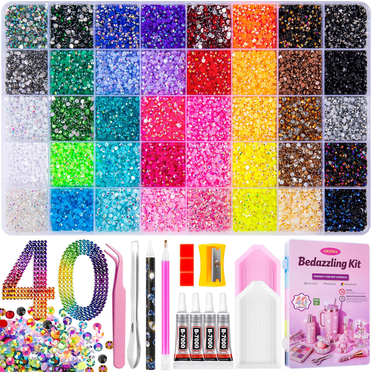 YKHSIY front package showing 40-color rhinestone kit for instant crafting