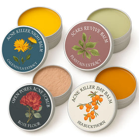 YOCMIPS front packaging showing full acne balm set and benefits