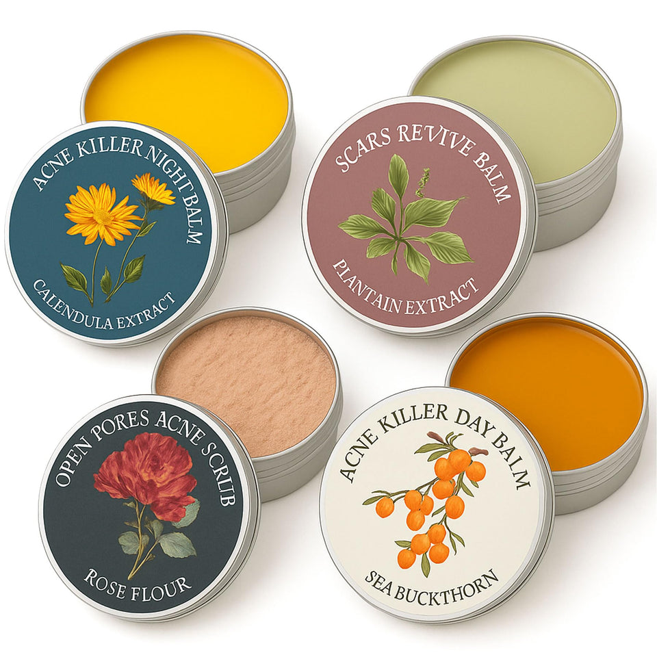 YOCMIPS front packaging showing full acne balm set and benefits