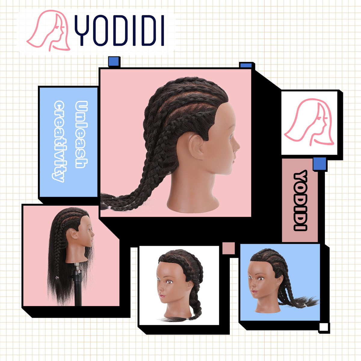 YODIDI mannequin next to a hand to show 16-inch hair length and scale