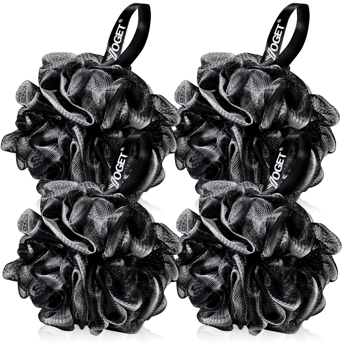 YOGET front view of black loofah pack showing shape and white trim, easy lathering