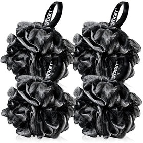 YOGET front view of black loofah pack showing shape and white trim, easy lathering