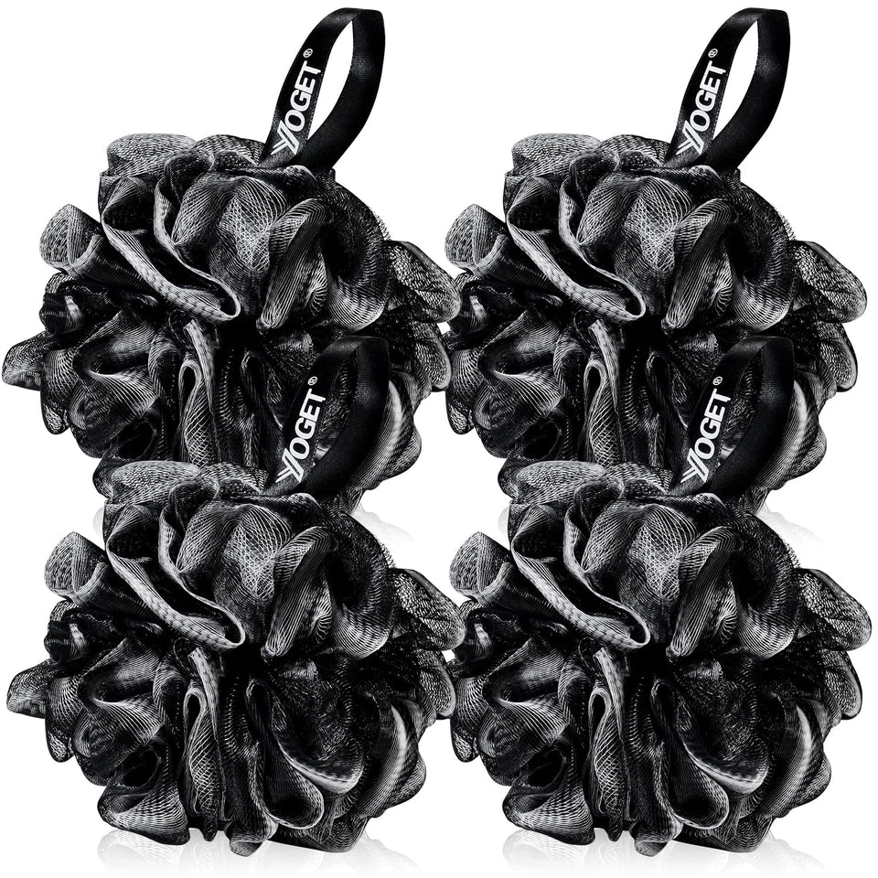 YOGET front view of black loofah pack showing shape and white trim, easy lathering