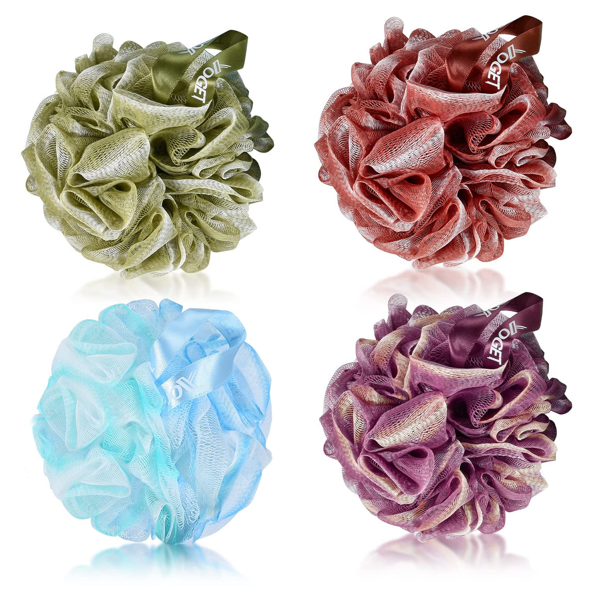 YOGET front packaging showing four-color loofah pack and quick lather benefit