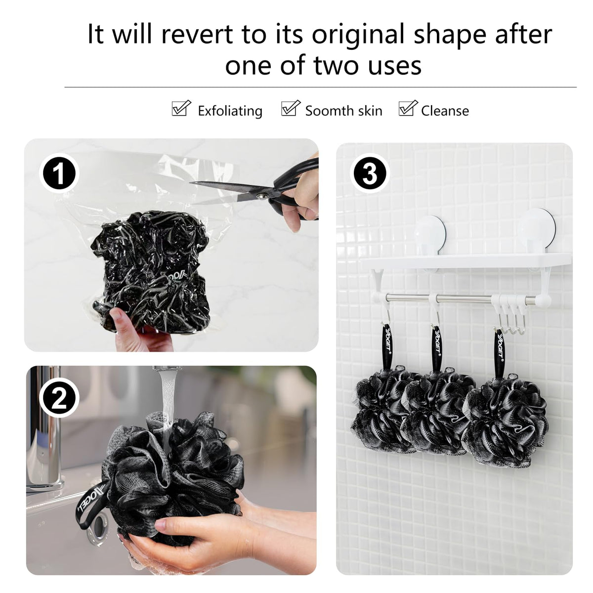YOGET vacuum-sealed loofah pack demonstrating sanitary storage and freshness