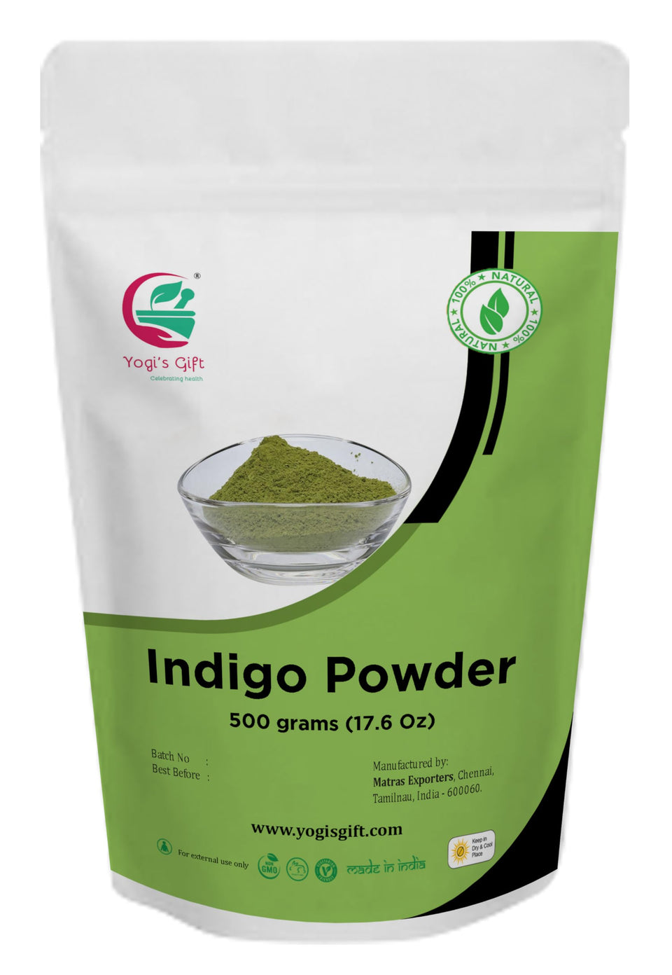 YOGI’S GIFT front packaging showing 500g indigo powder and natural benefit