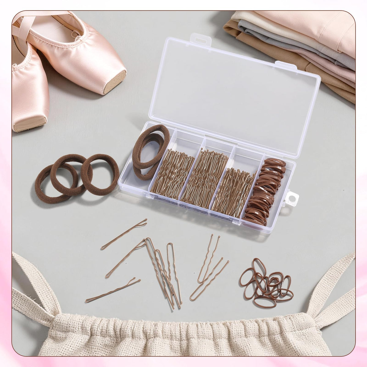 Yogode bobby pins and hair nets arranged to show strong secure hold