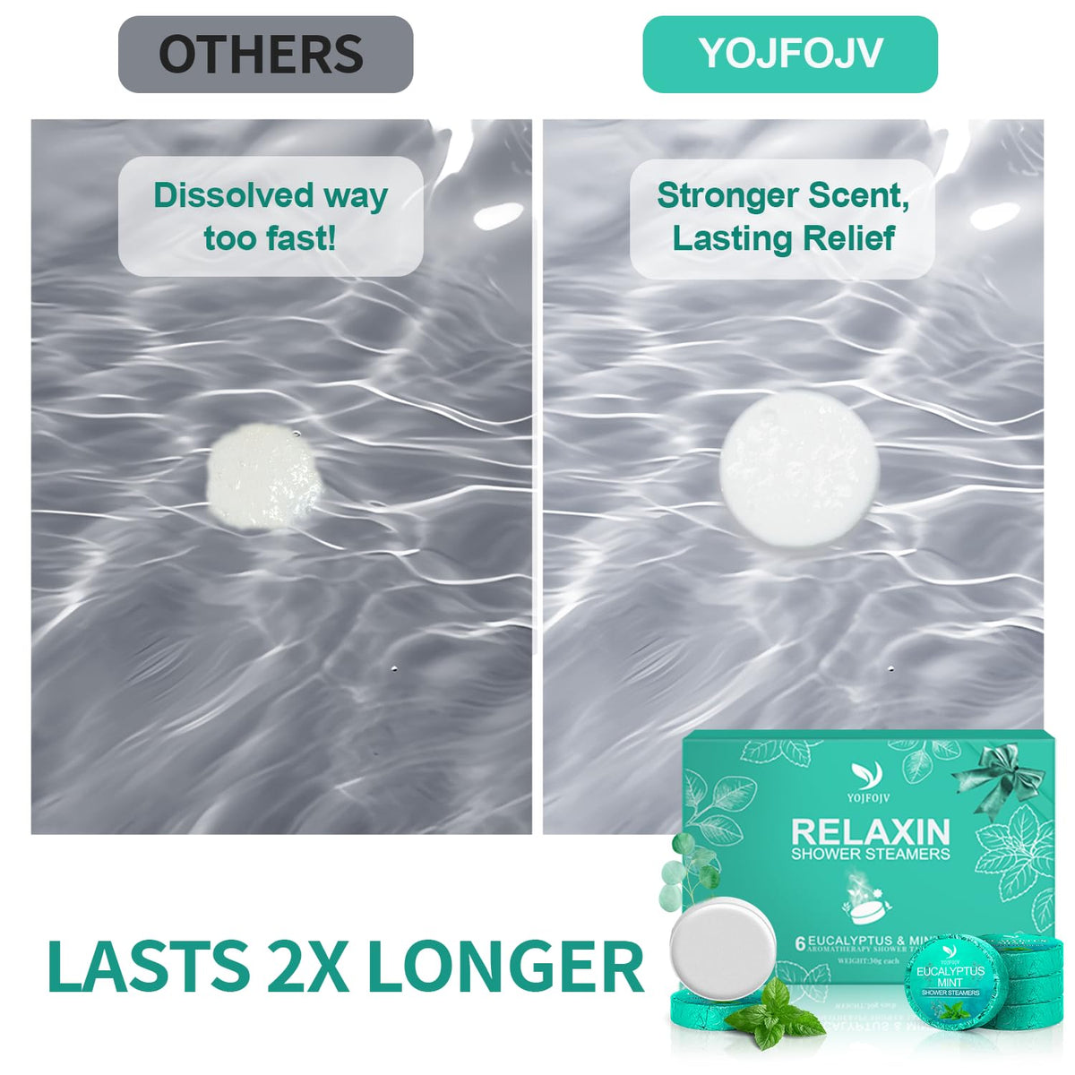 YOJFOJV dissolving tablet with fizz detail, demonstrating clean full dissolution