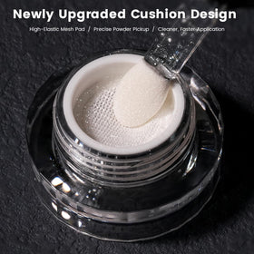 YOKEFELLOW close-up powder texture revealing ultra-fine pearlescent particles for smooth application
